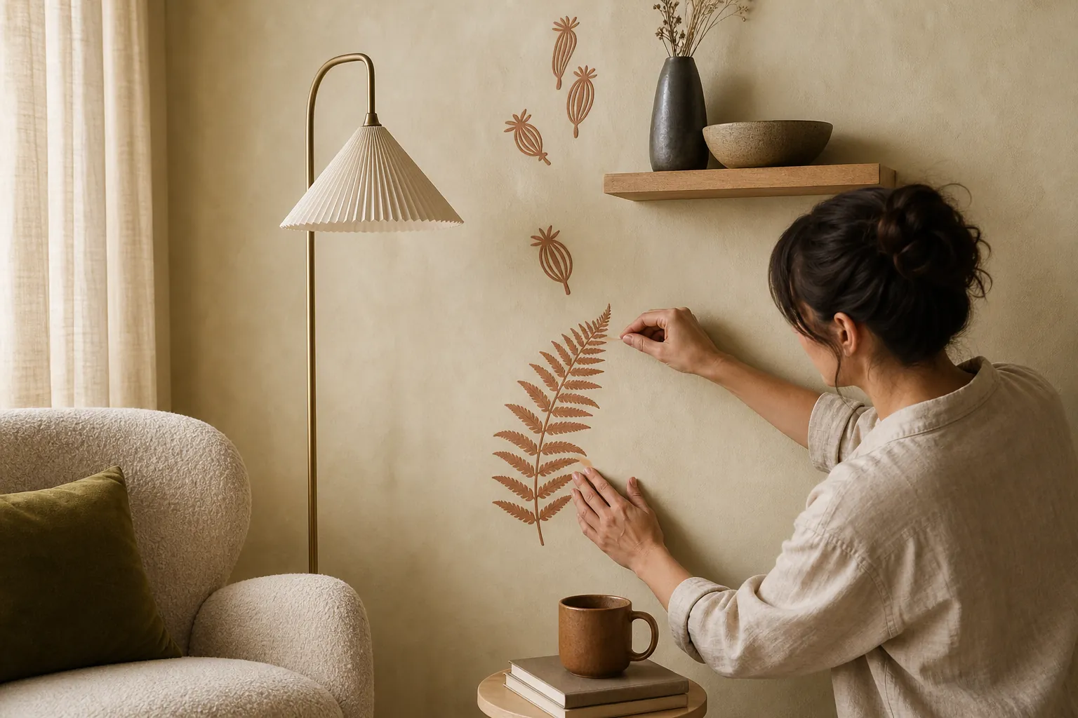 Hands arranging terracotta botanical wall decals around a reading nook