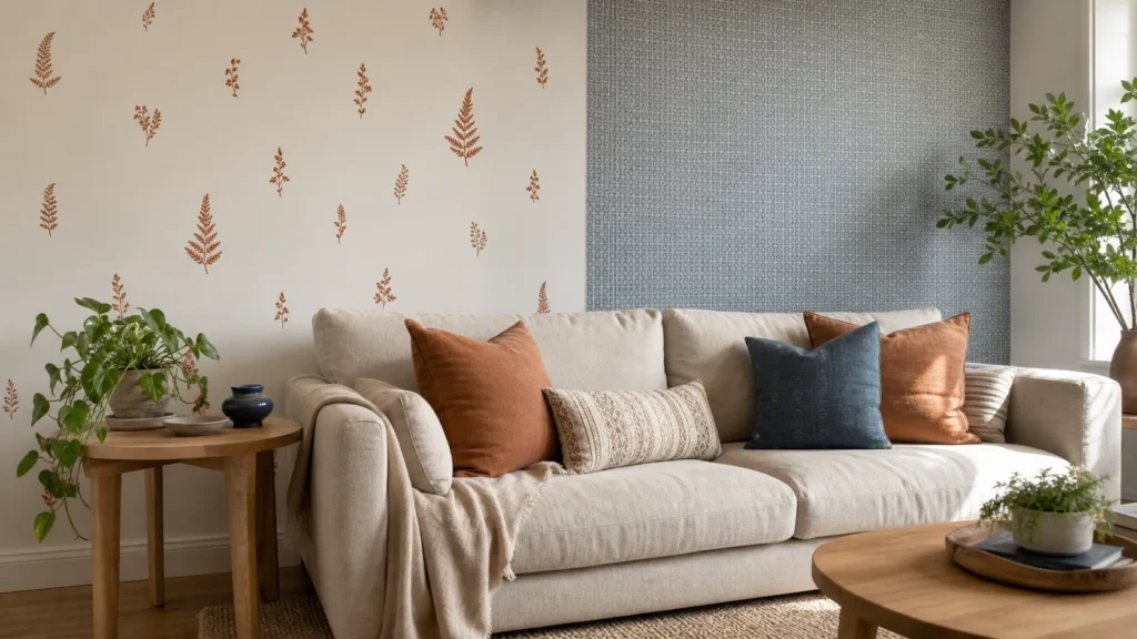 Split room comparison showing wall decals versus peel-and-stick wallpaper