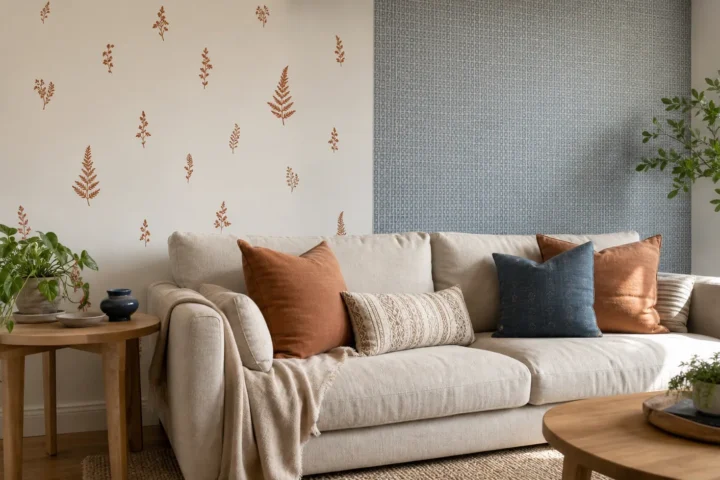 Split room comparison showing wall decals versus peel-and-stick wallpaper