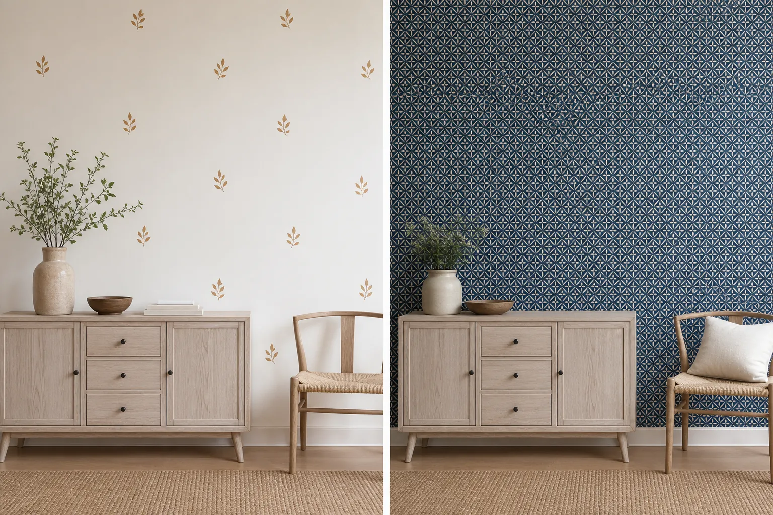 Side-by-side room comparison of botanical wall decals and geometric peel-and-stick wallpaper