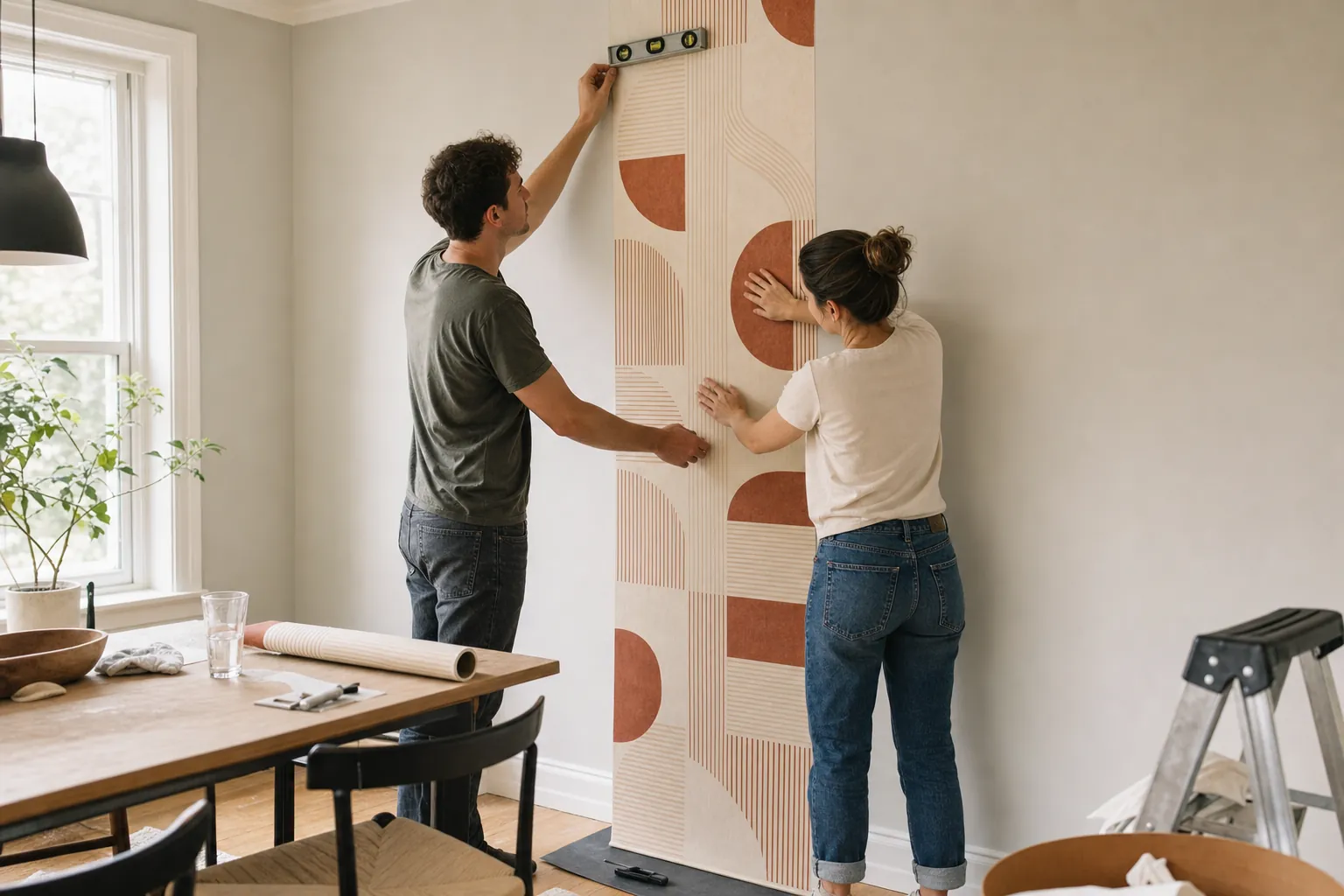 Two people aligning a geometric peel-and-stick wallpaper panel on a smooth accent wall