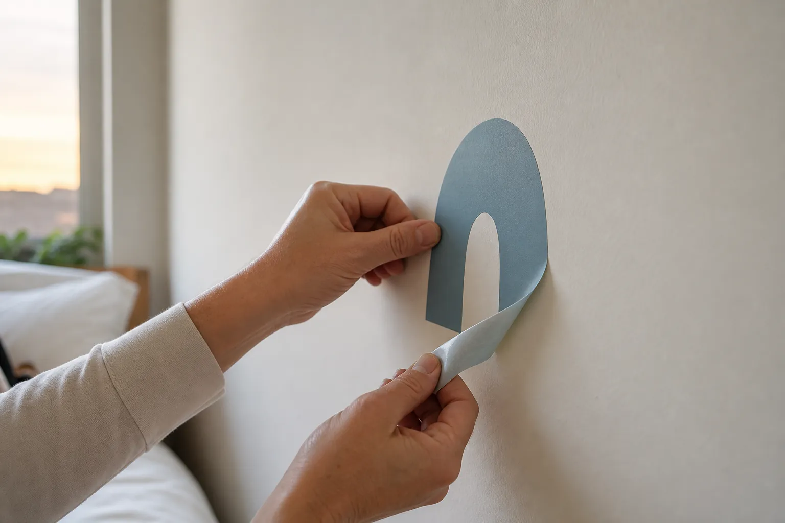 Renter slowly removing a wall decal at a low angle from a clean painted wall