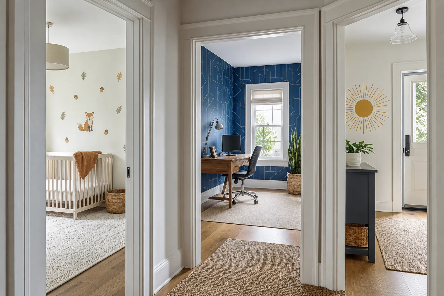 Bright home showing removable wall decor ideas in nursery office and entry zones