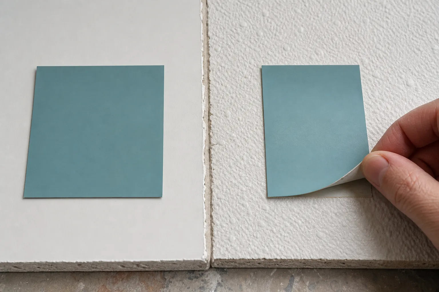 Close-up comparison of smooth and textured wall samples tested with removable adhesive