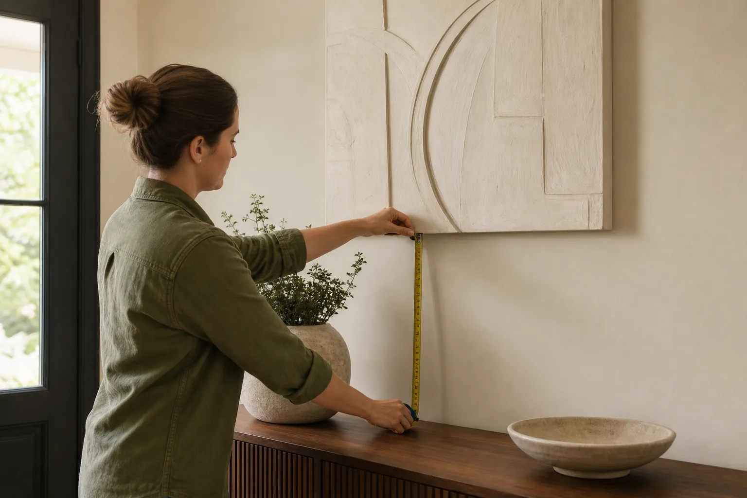 Person measuring artwork center and spacing above a console table