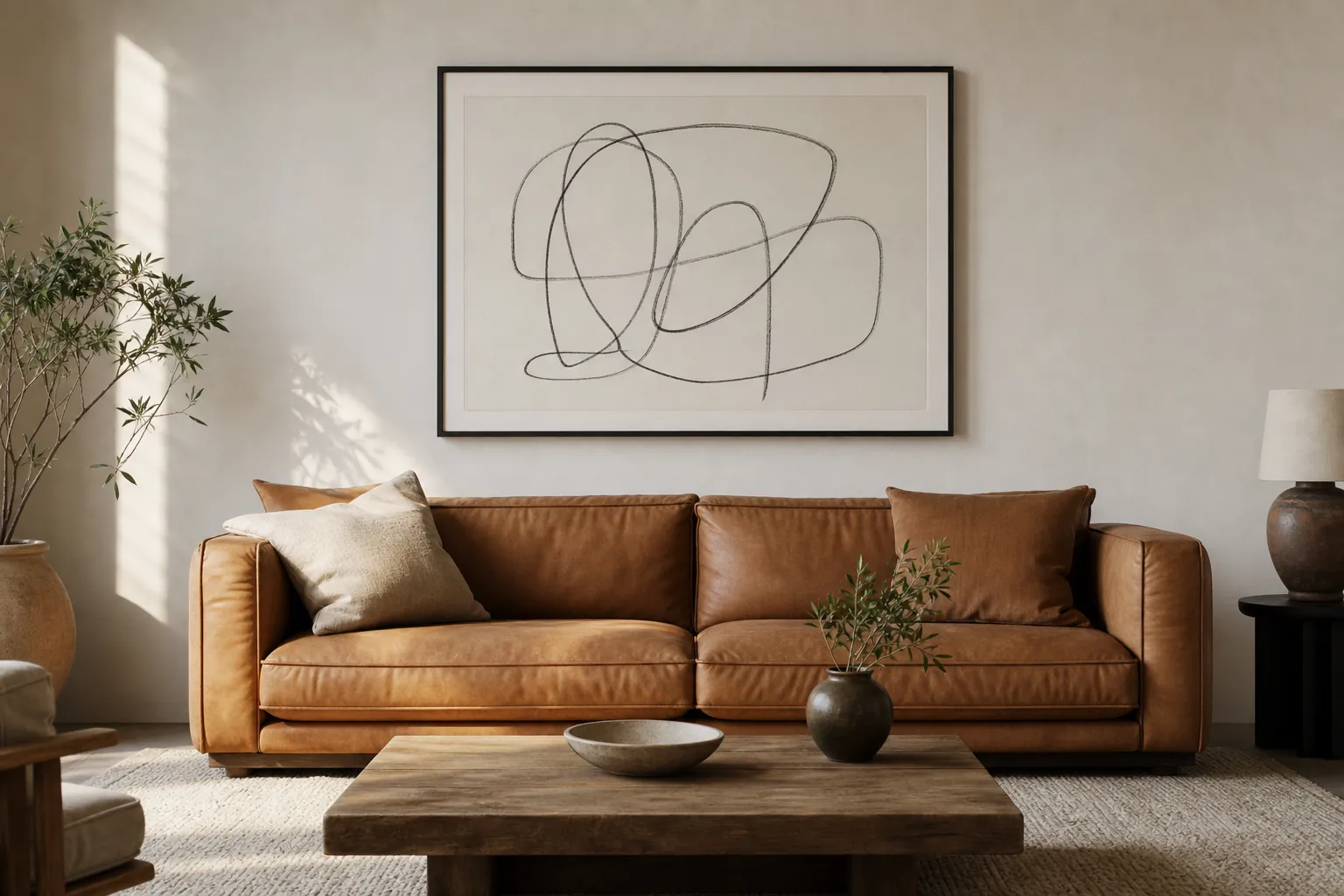 Living room wall decor anchoring a sofa with a balanced abstract composition