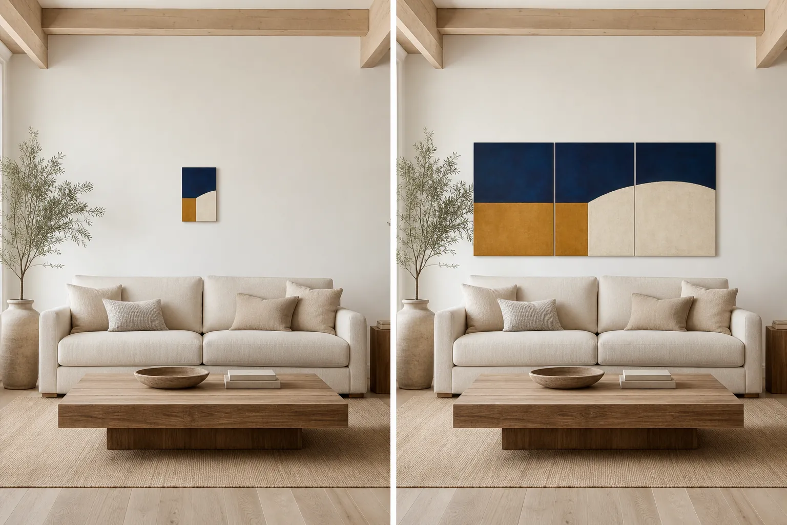 Side-by-side comparison of undersized and properly scaled wall decor above a sofa