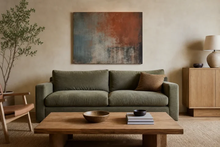 Balanced living room demonstrating wall decor size color style and placement