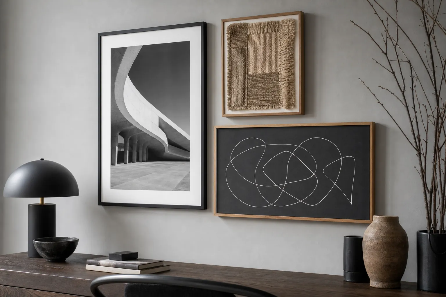 Cohesive mixed-style gallery wall with photography textile and line drawing