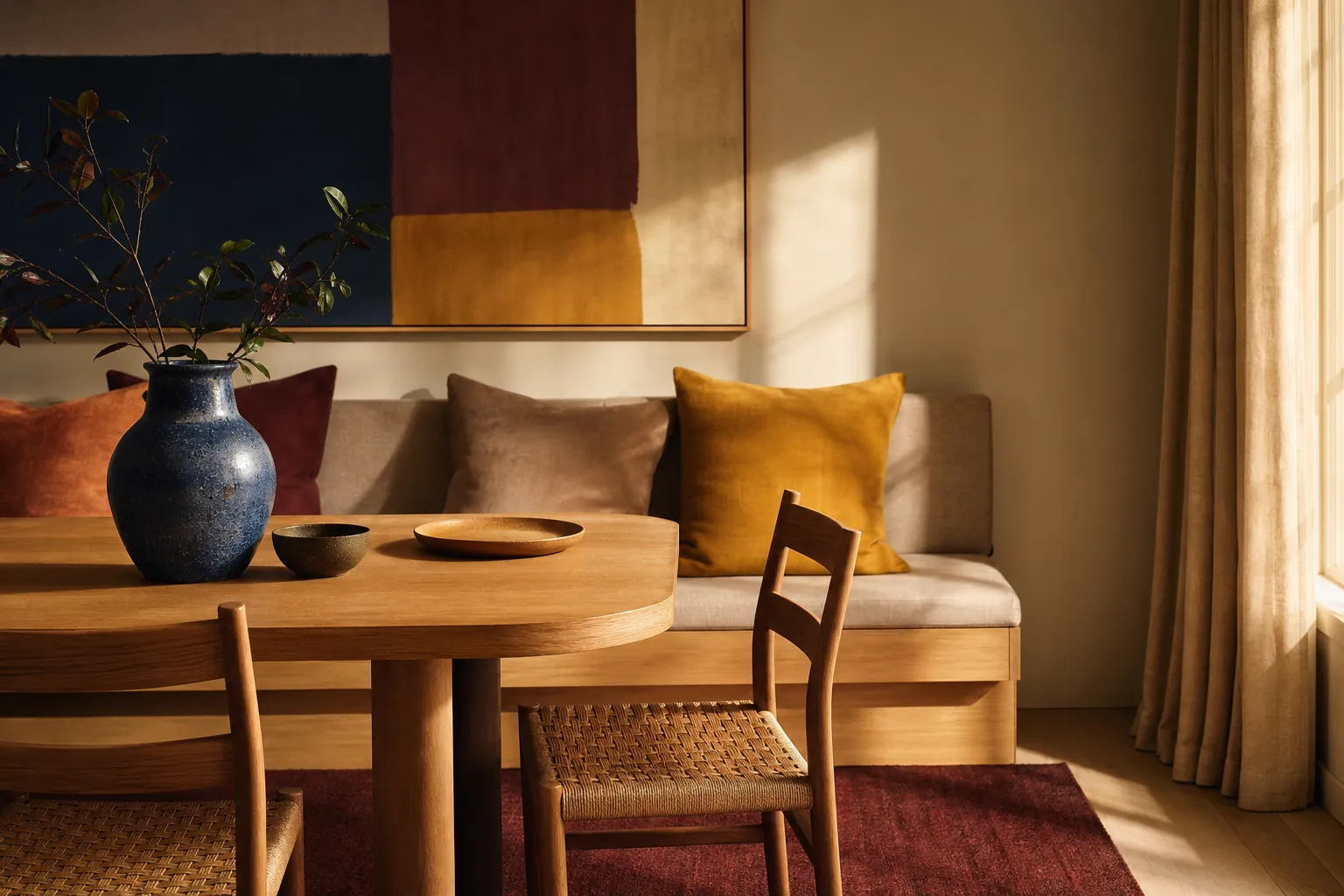 Wall decor palette connected to rug upholstery and ceramic accents