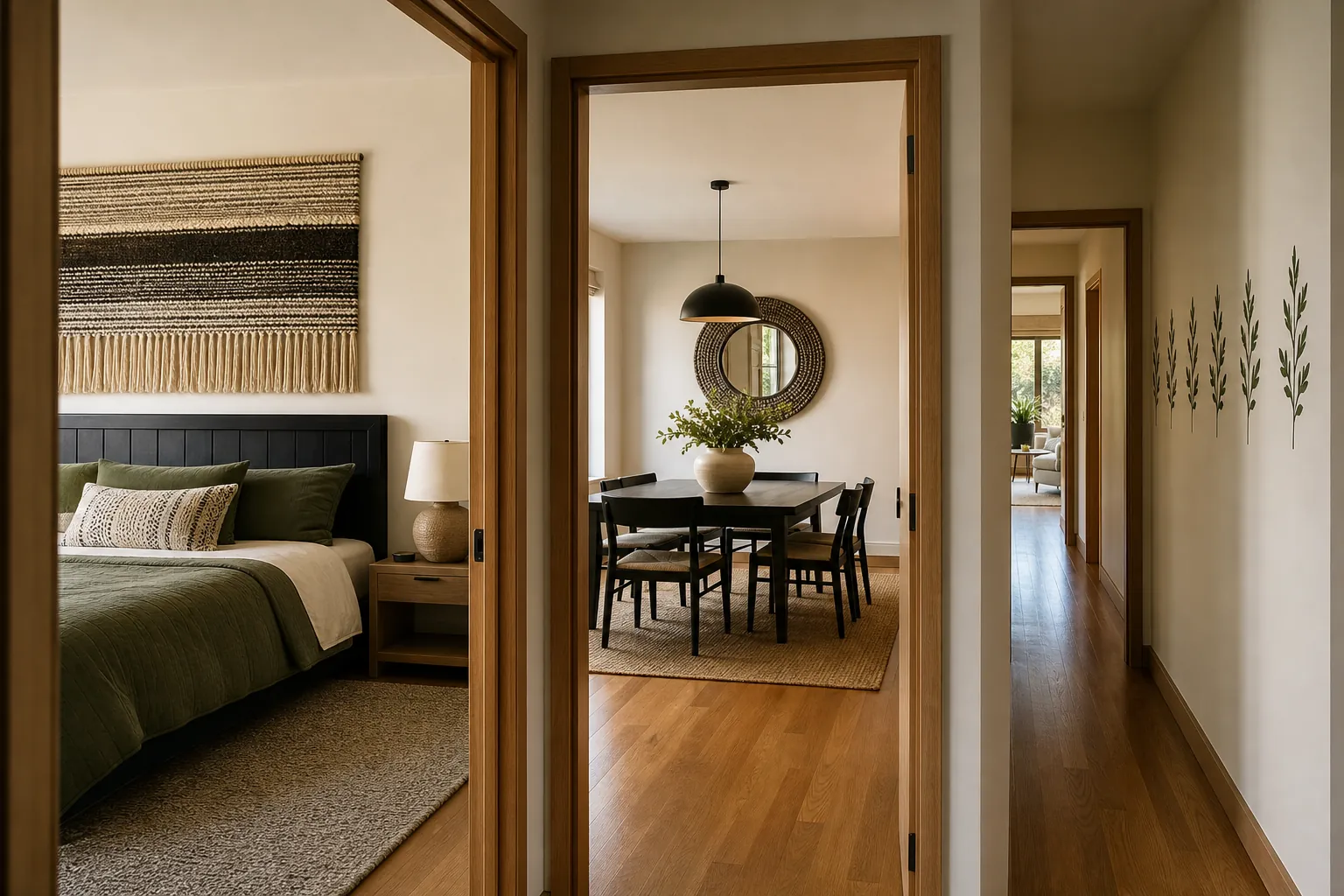 Different wall decor solutions in bedroom dining room and hallway zones