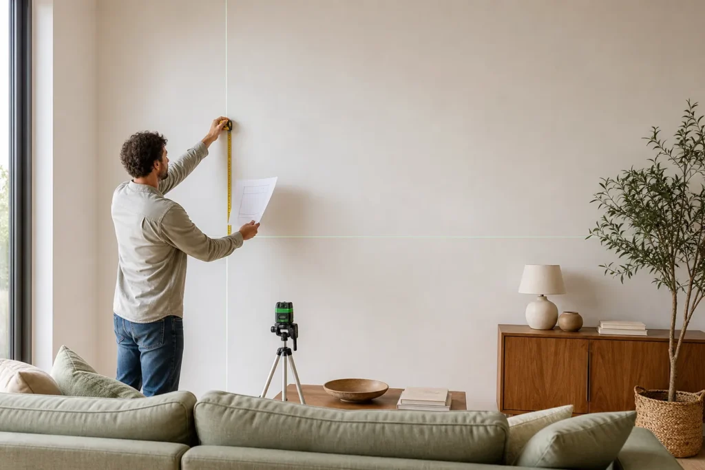 Home decorator measuring a feature wall for decals murals and wall art