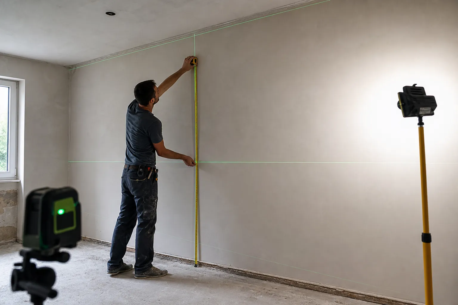 Person measuring wall width at top middle and bottom with a laser level