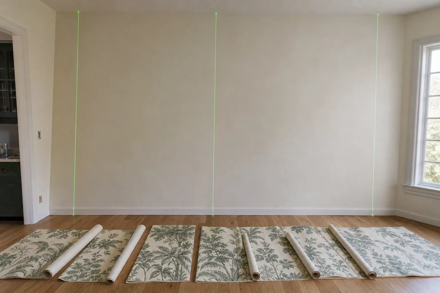 Full wall marked with level mural panel lines and trimming allowance