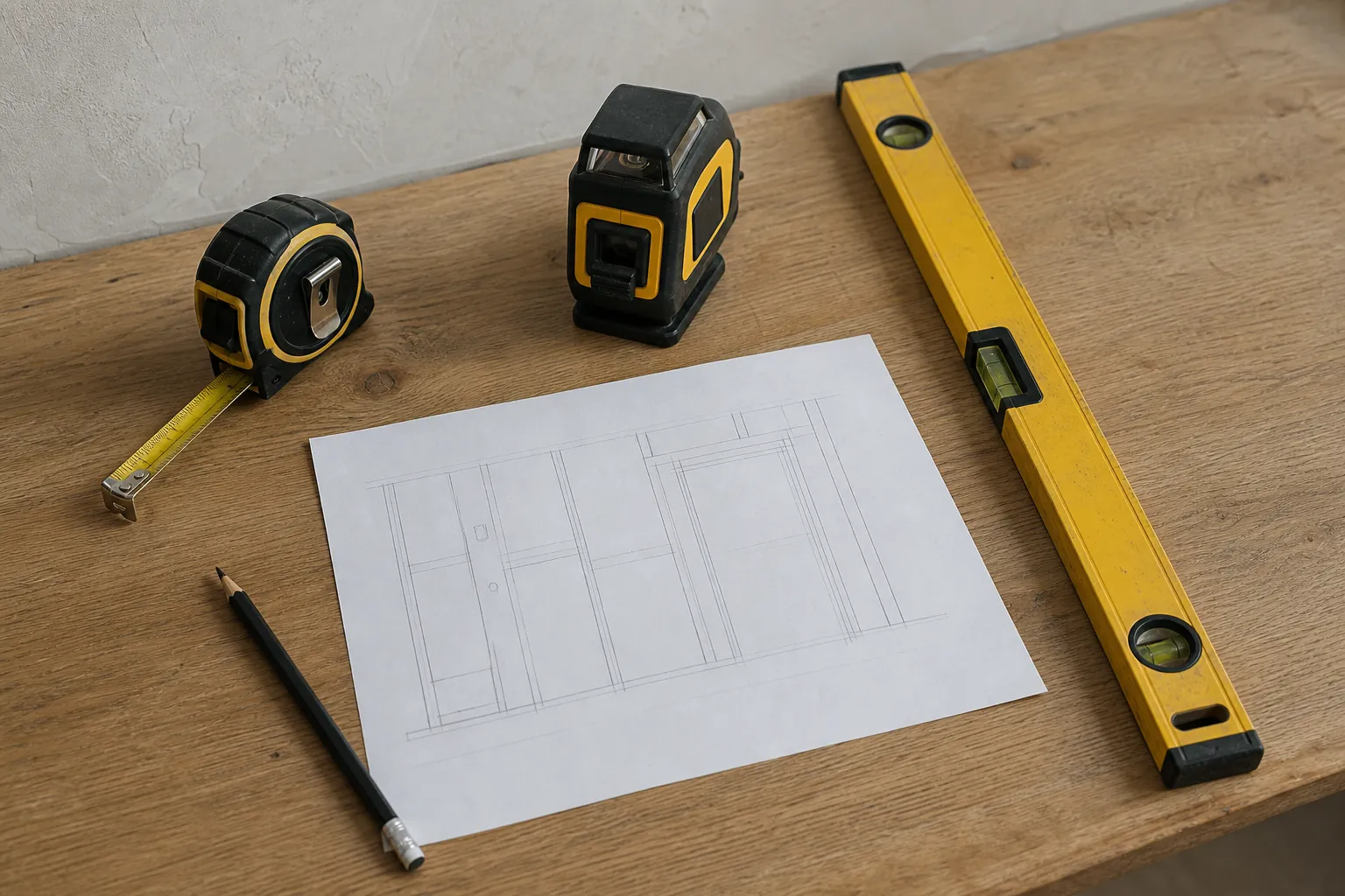 Tape measure laser level pencil and wall sketch prepared for measuring wall decor