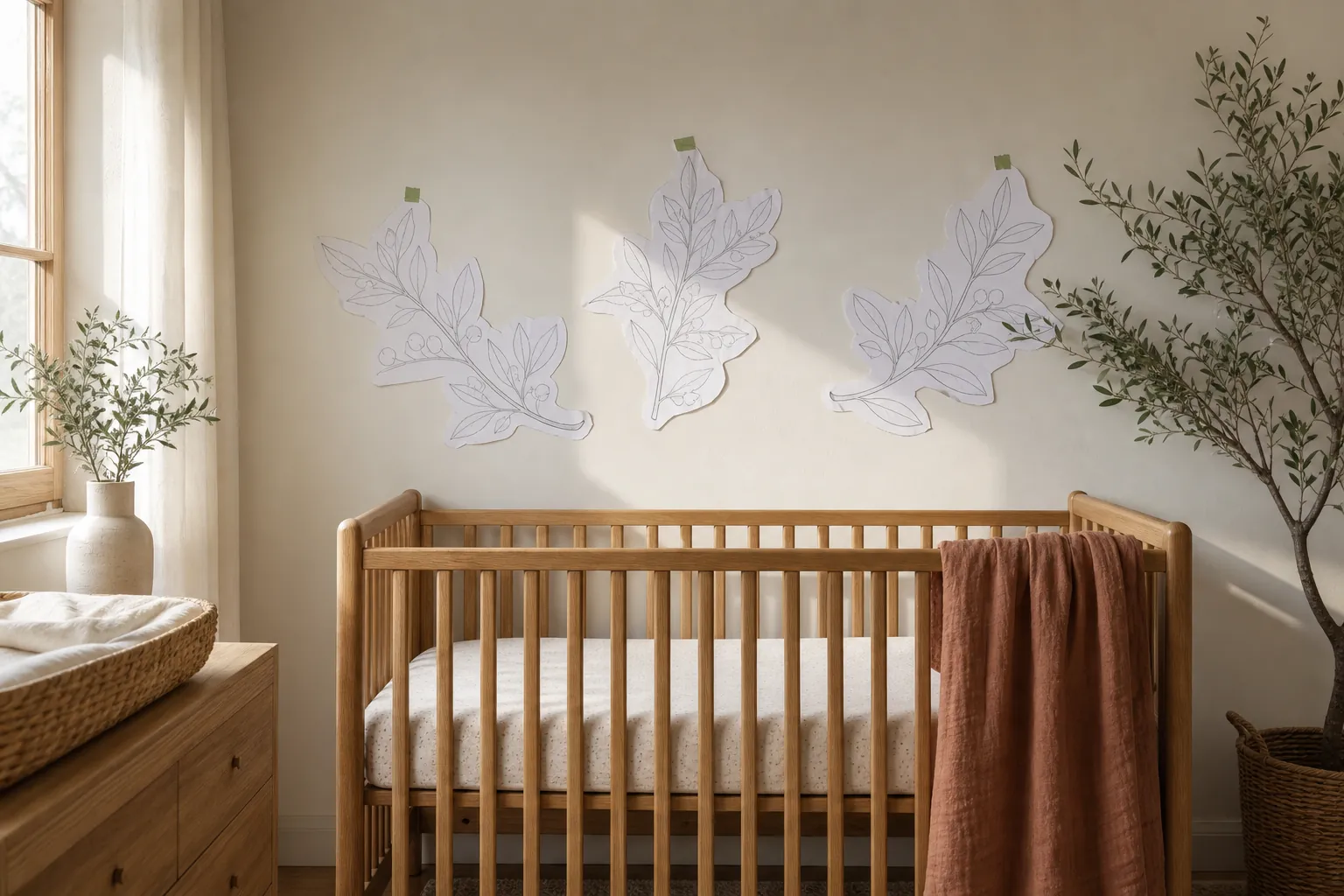 Paper templates planning botanical wall decal spacing above a crib
