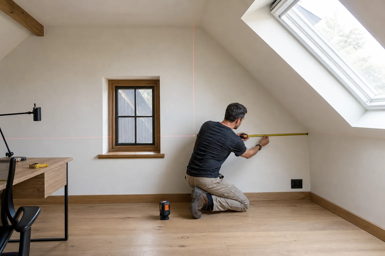 Detailed measurement of a sloped accent wall with outlet window and molding