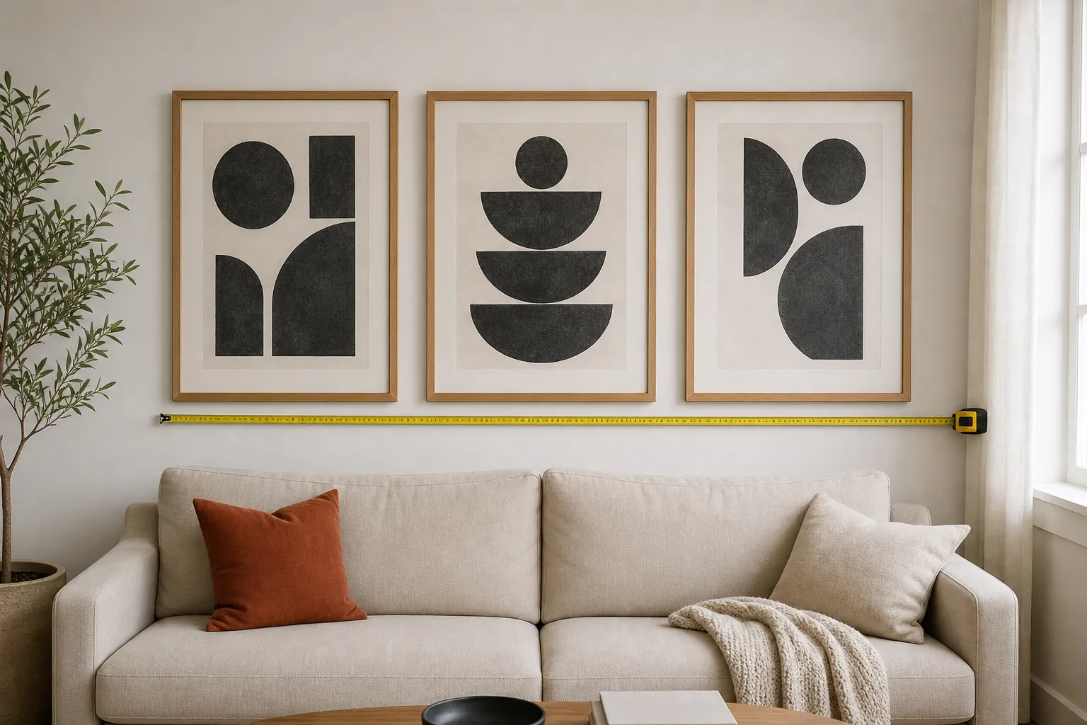 Three framed pieces and their gaps measured as one arrangement above a sofa