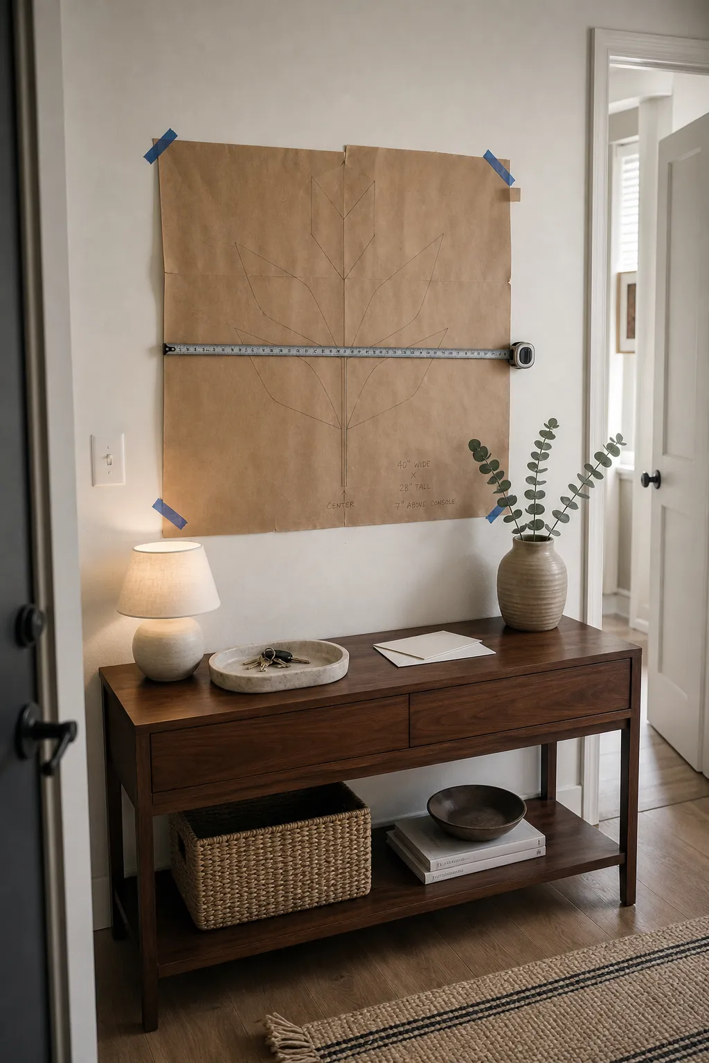 Paper wall decal template measured above a console table