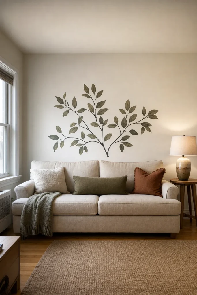 Room-by-room wall decal size guide shown in a realistic living room