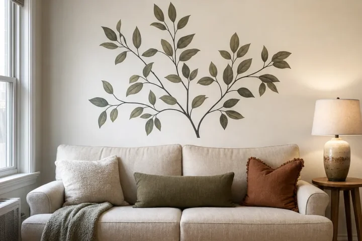 Room-by-room wall decal size guide shown in a realistic living room