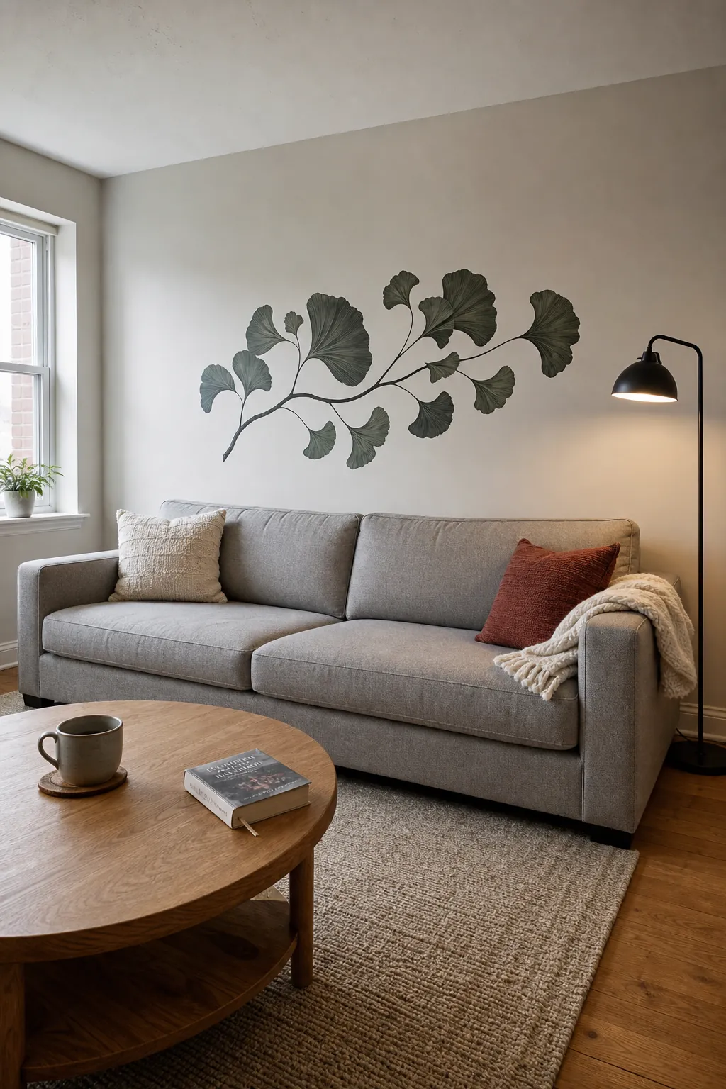 Large botanical wall decal correctly scaled above a sofa
