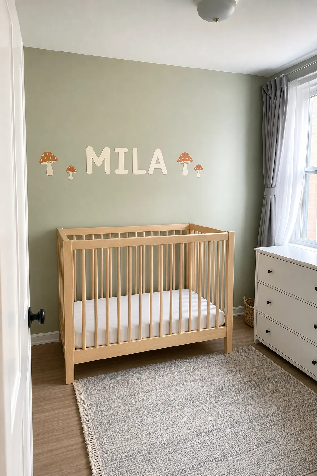 Nursery name decal placed high and securely beyond crib reach