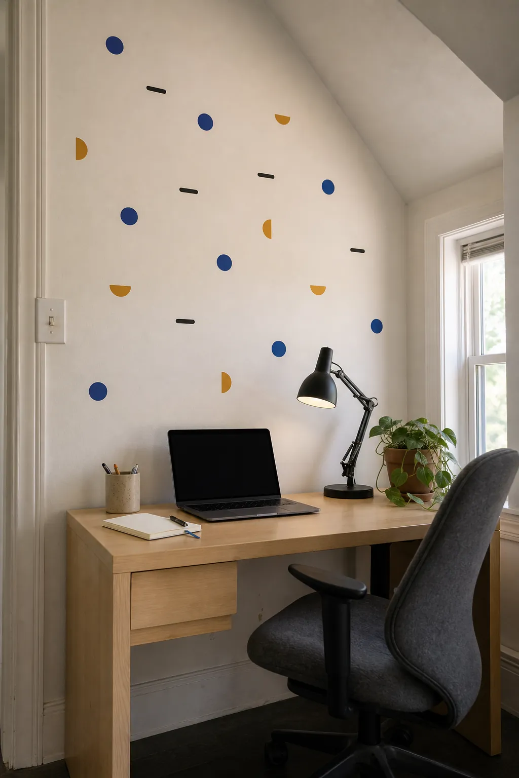 Scattered removable wall stickers around a small apartment desk