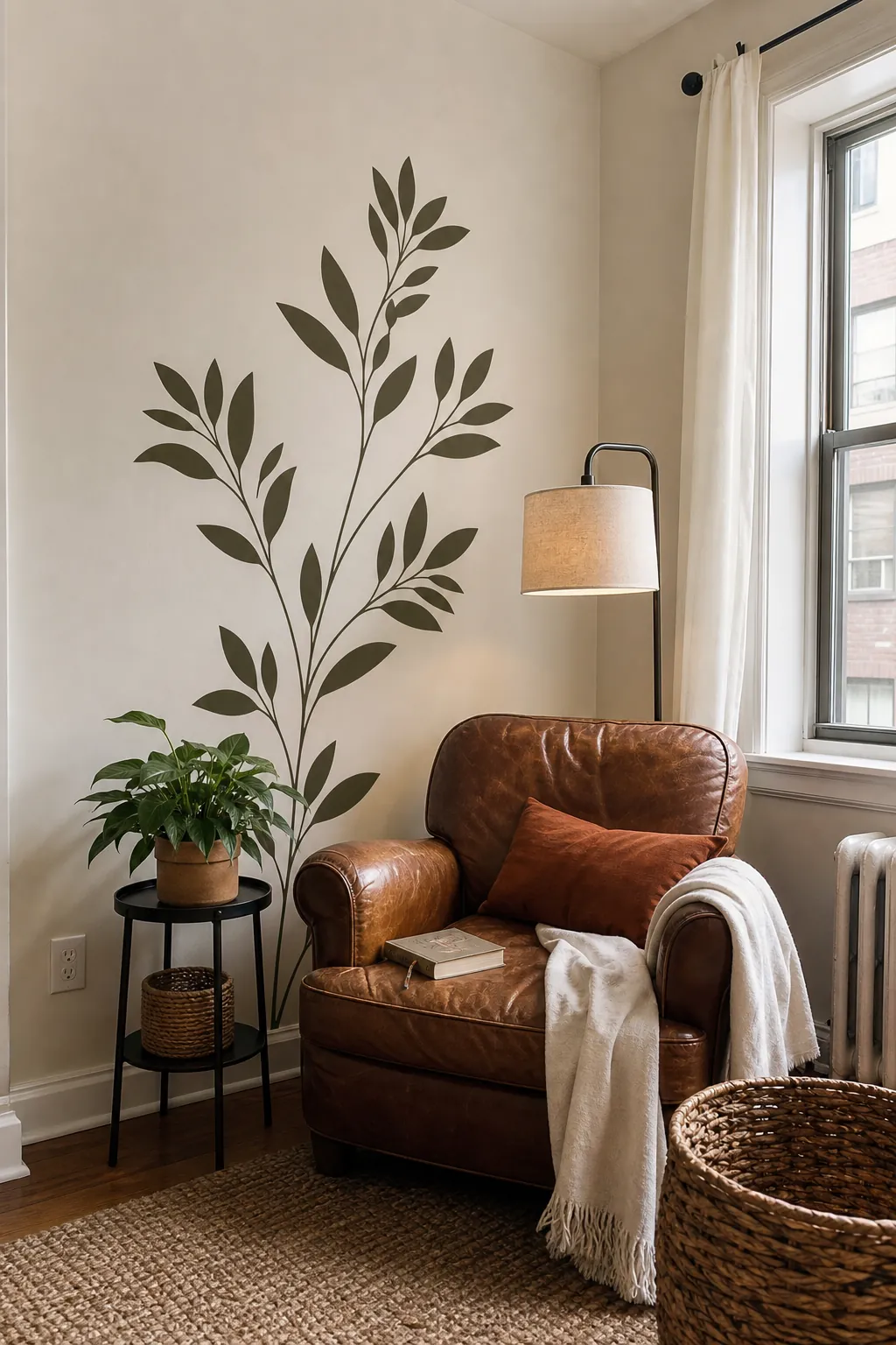 Renter-friendly botanical wall decal decorating an apartment corner