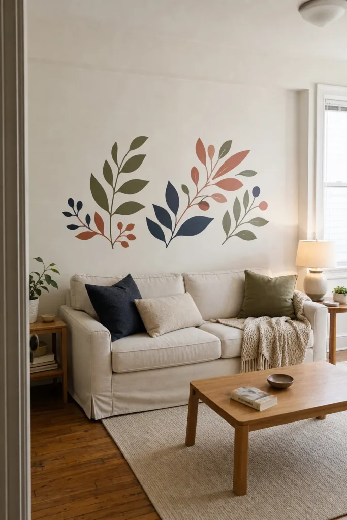 Renter-friendly wall decals adding color to a no-paint apartment