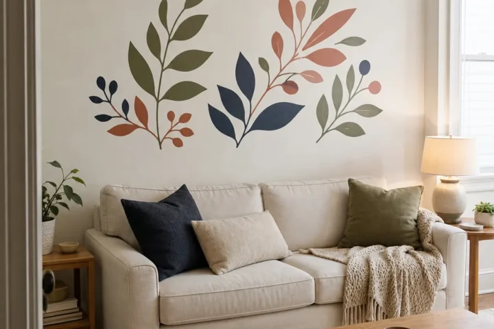 Renter-friendly wall decals adding color to a no-paint apartment