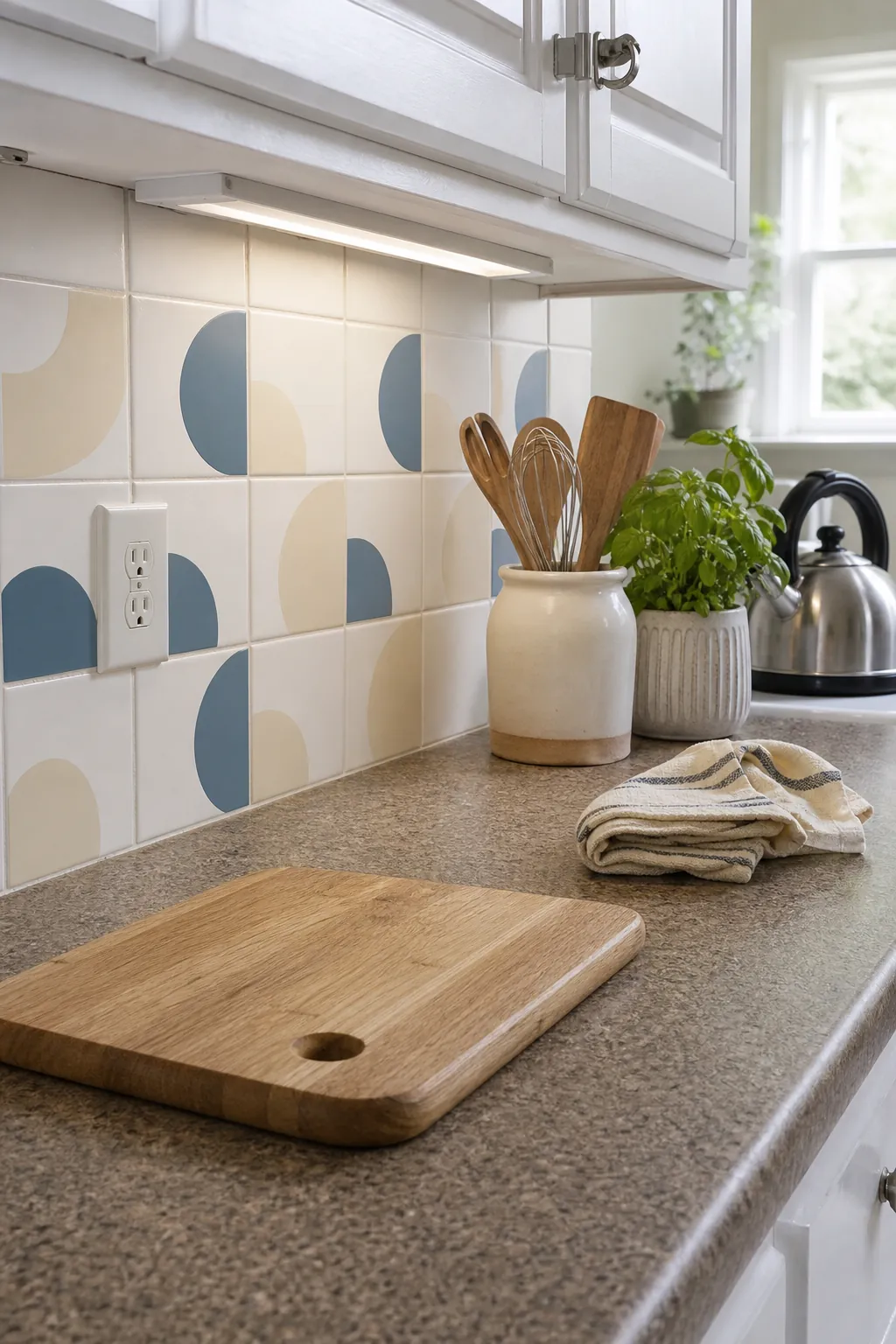 Geometric removable stickers on a rental kitchen backsplash