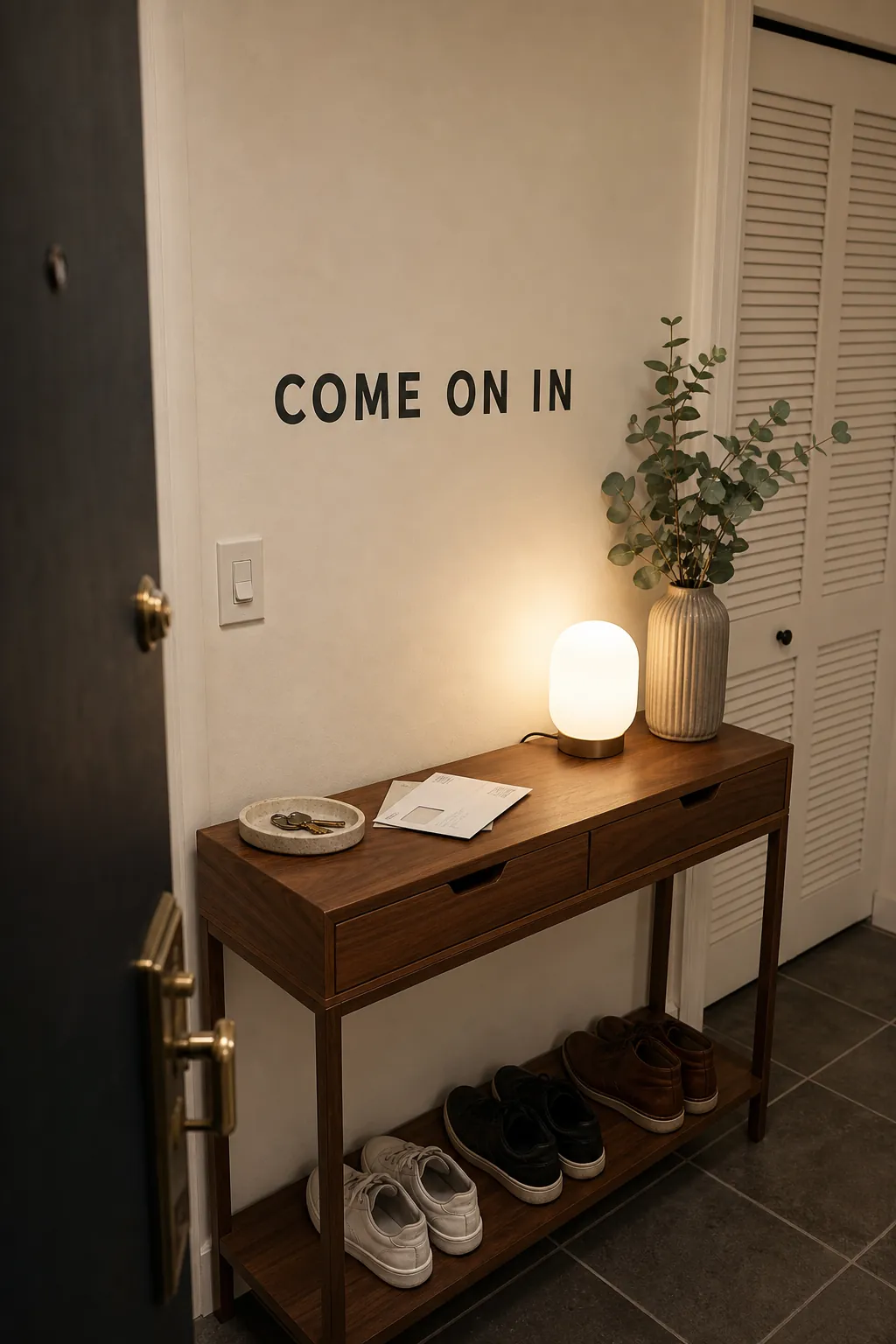 Short removable quote decal above a renter entry console