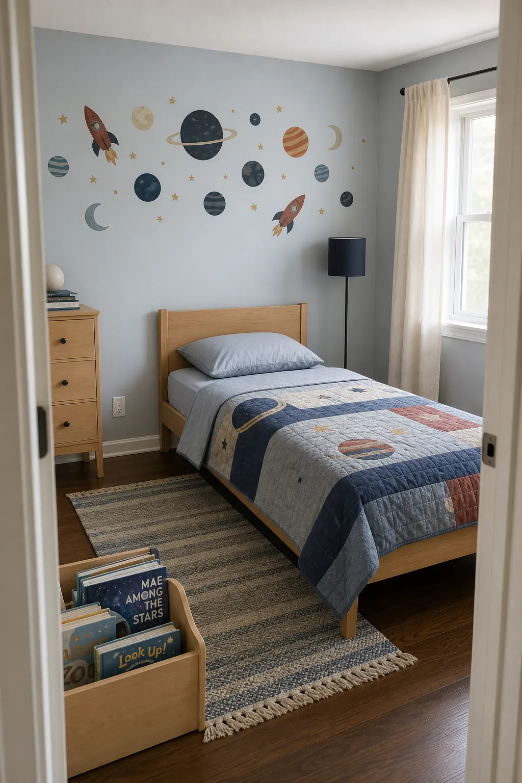 Removable space decals in a renter-friendly child bedroom