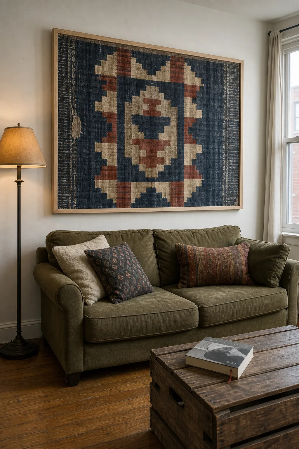 Large vintage textile stretched as budget wall art above a sofa
