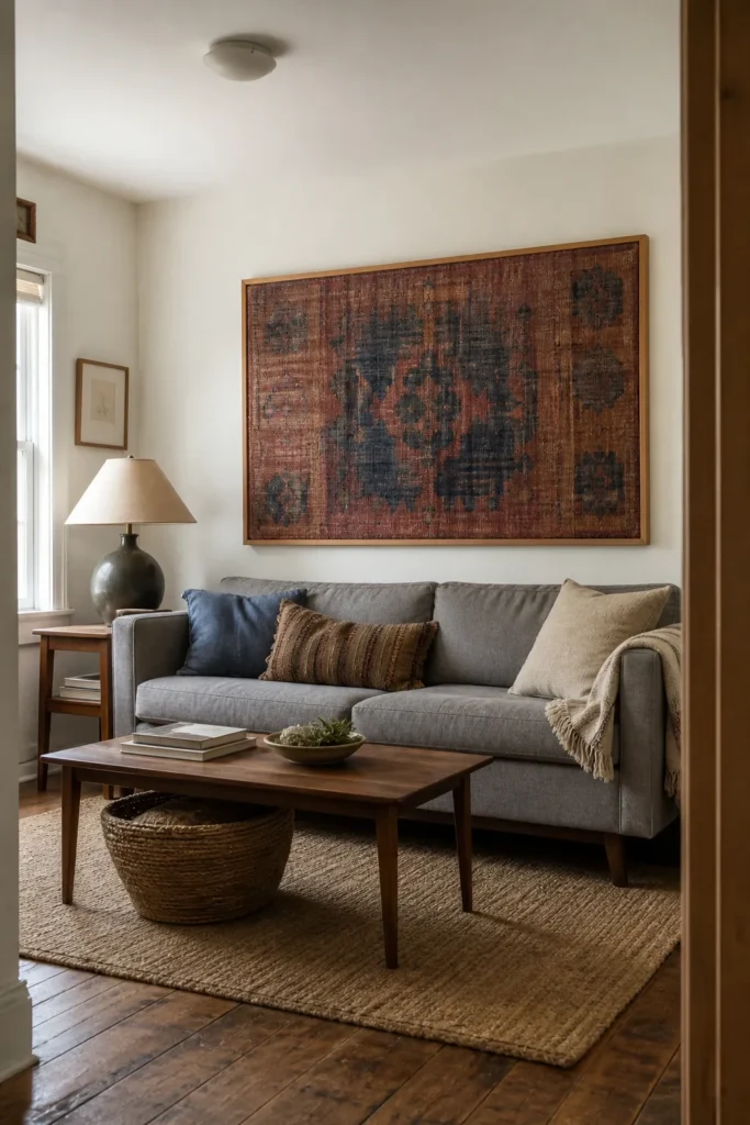 Blank living room wall decorated affordably with correctly scaled art