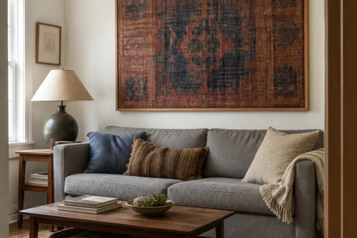 Blank living room wall decorated affordably with correctly scaled art