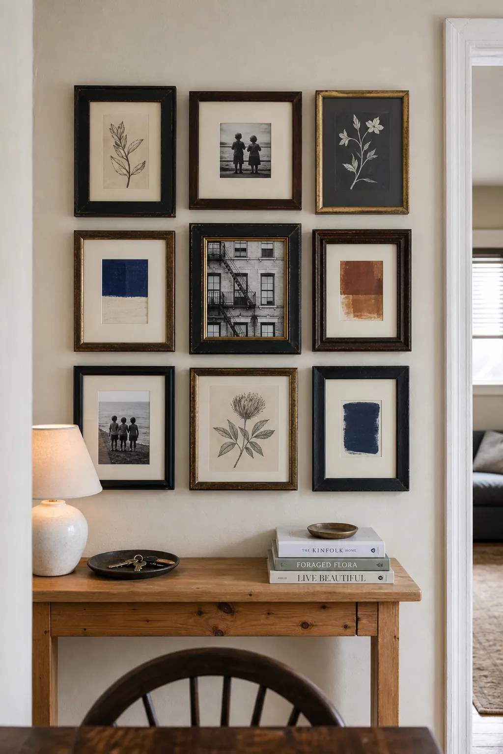 Thrifted frame gallery wall arranged on a budget
