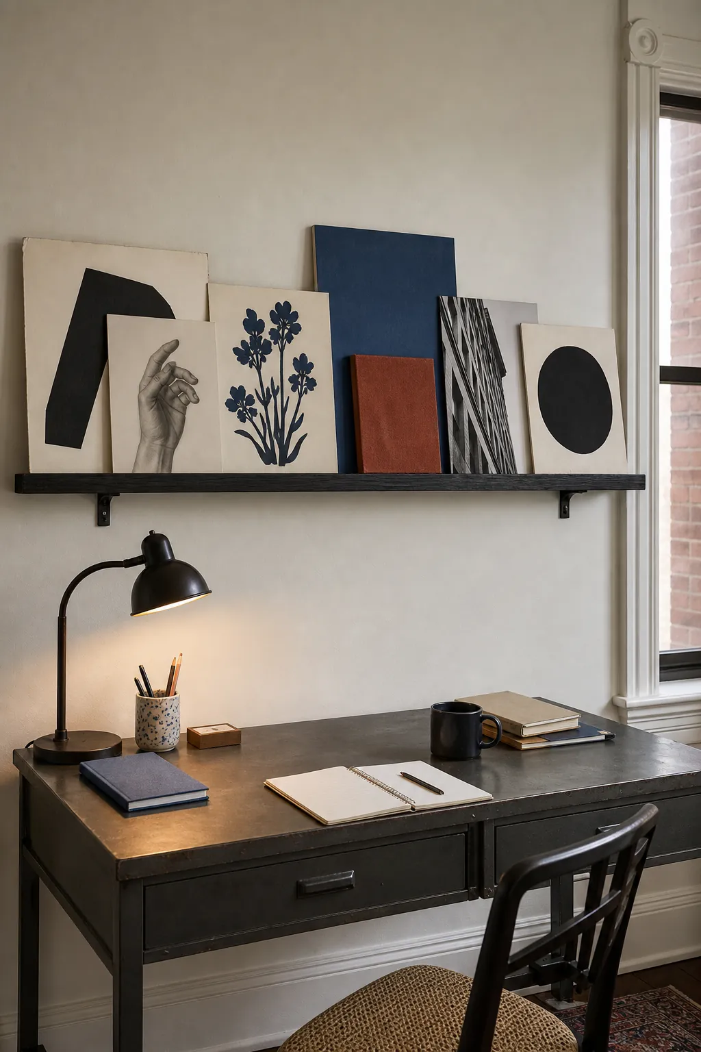 Long picture ledge displaying inexpensive prints and small art