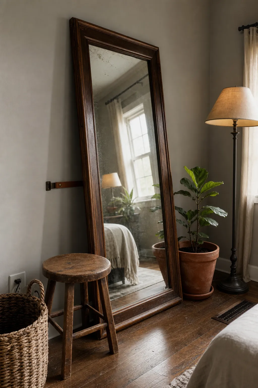 Secondhand leaning mirror decorating a blank wall on a budget