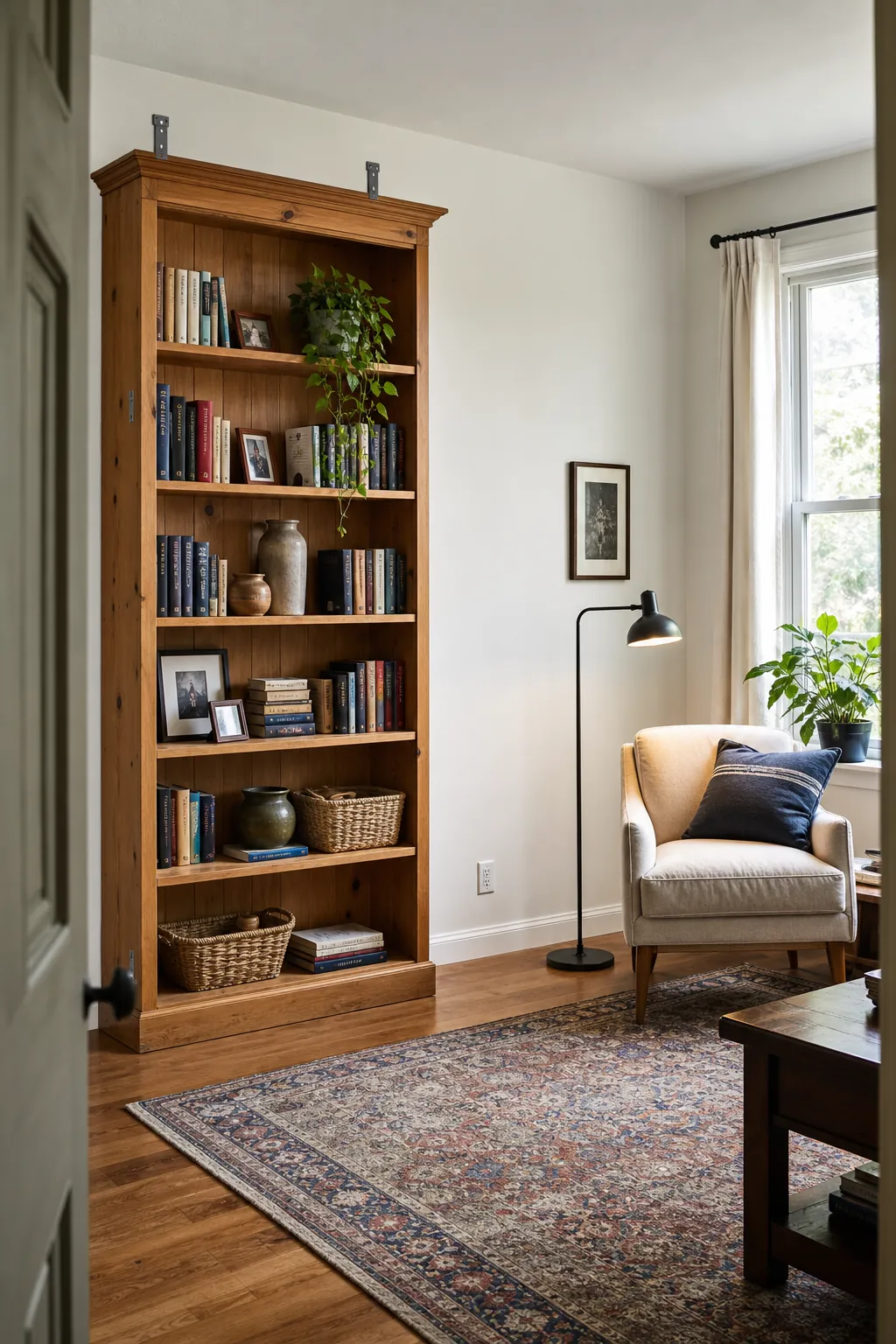 Tall secondhand bookshelf filling a large blank wall affordably