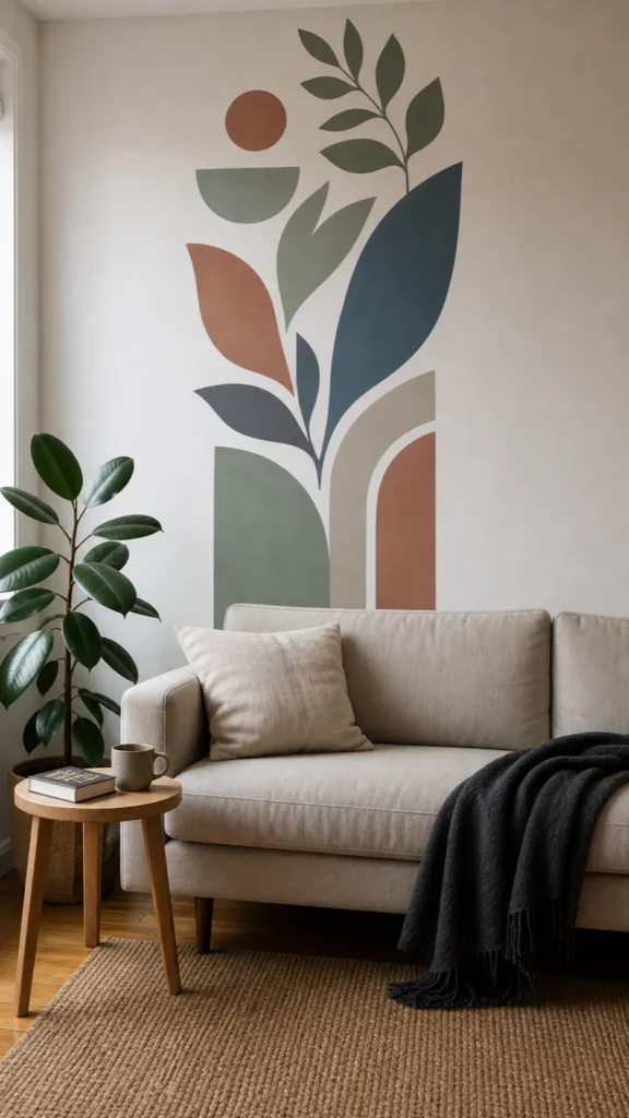 Stylish removable wall decals creating a polished apartment living room focal point