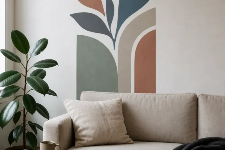 Stylish removable wall decals creating a polished apartment living room focal point