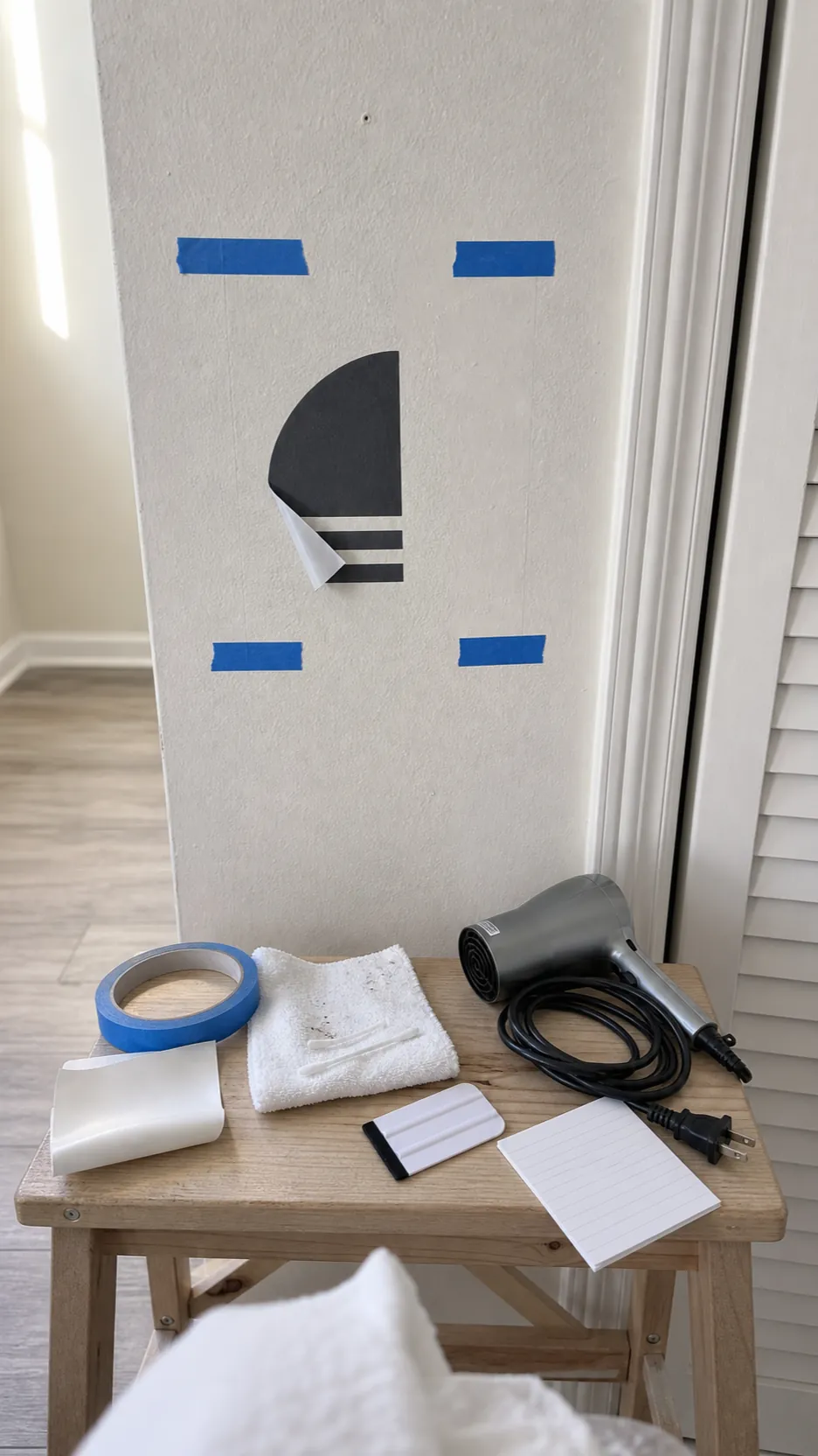 Small wall decal test patch on painted drywall beside simple inspection tools