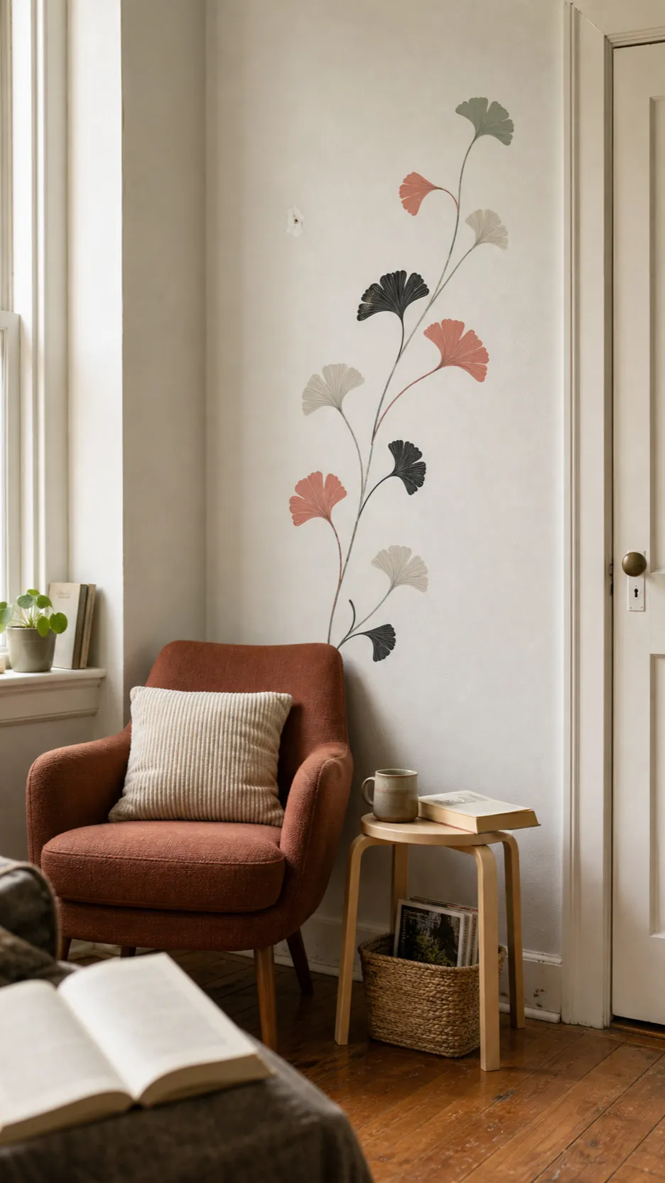 Removable botanical wall decals in a compact apartment reading corner