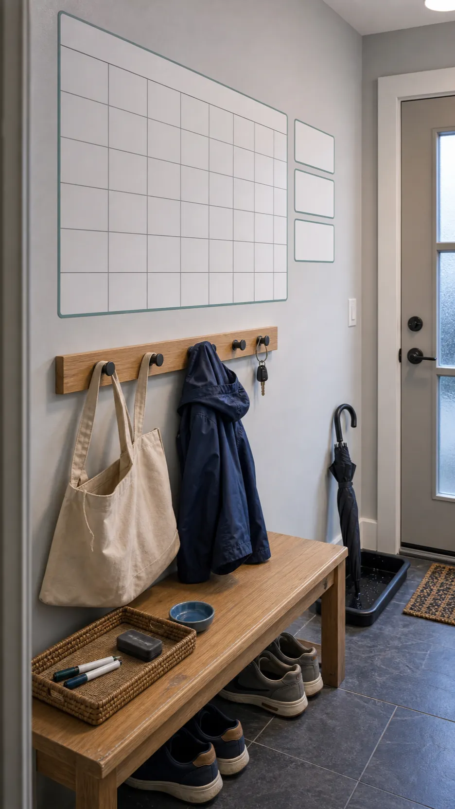 Practical removable calendar decal in a compact family entryway