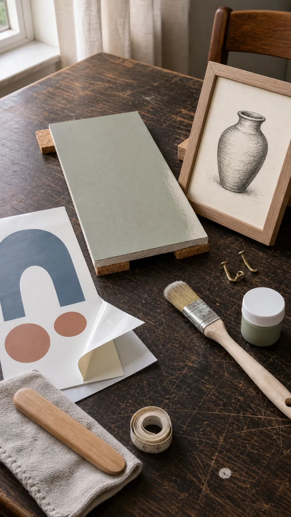 Interior material samples comparing wall decals paint and framed art