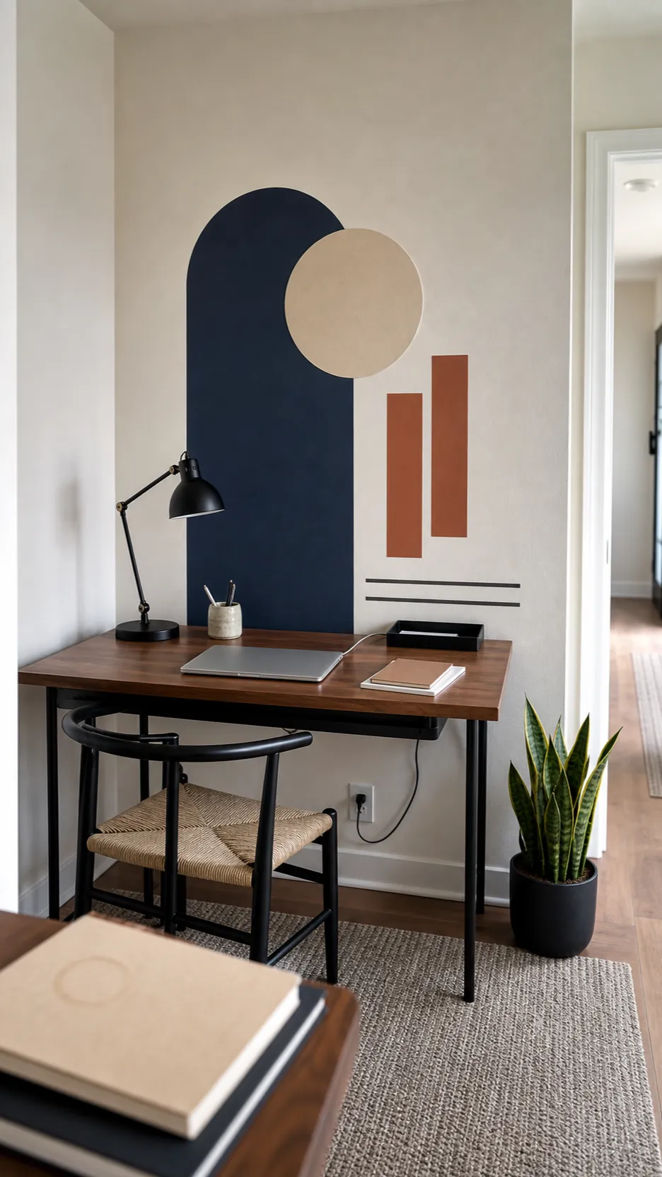 Matte geometric wall decals aligned with furniture in a small home office