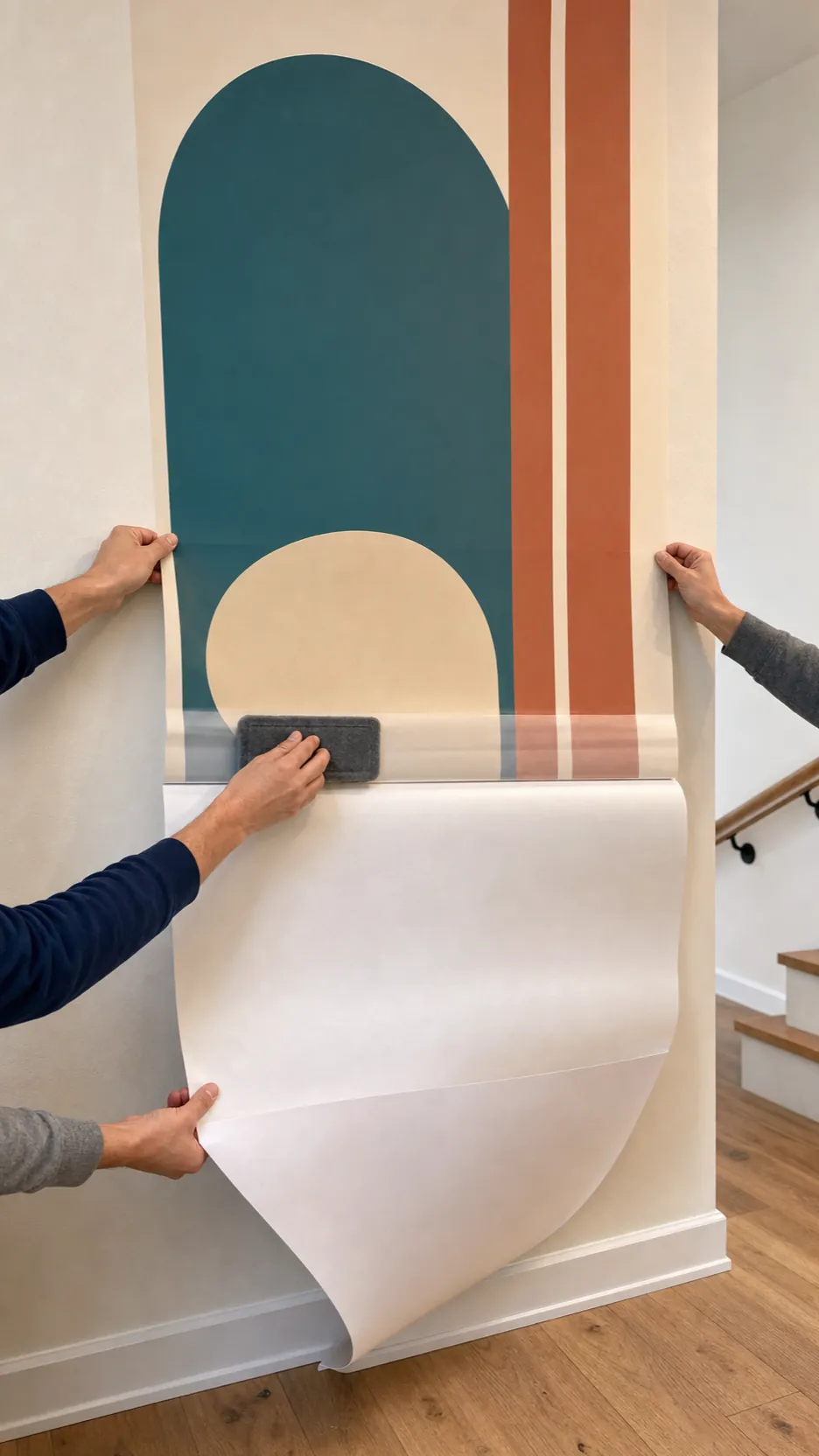 Peel and stick wall decal installed gradually while backing liner is released