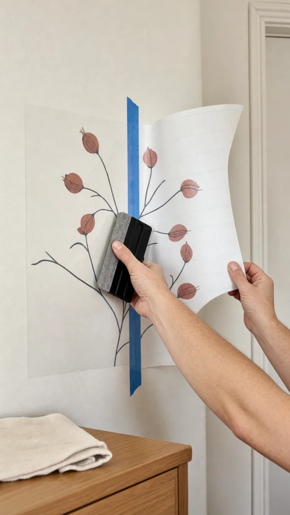 Transfer tape wall decal applied gradually with a felt squeegee